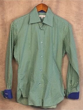 Coton Doux France Geometric Print Shirt Cobalt/Purple Contrast Cuffs Med/Large